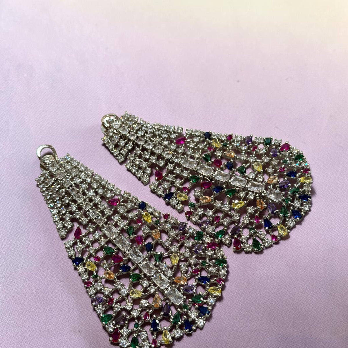 Designer Openwork Dangle Earrings Featuring Multicolor CZ Stones and Geometric Statement Style