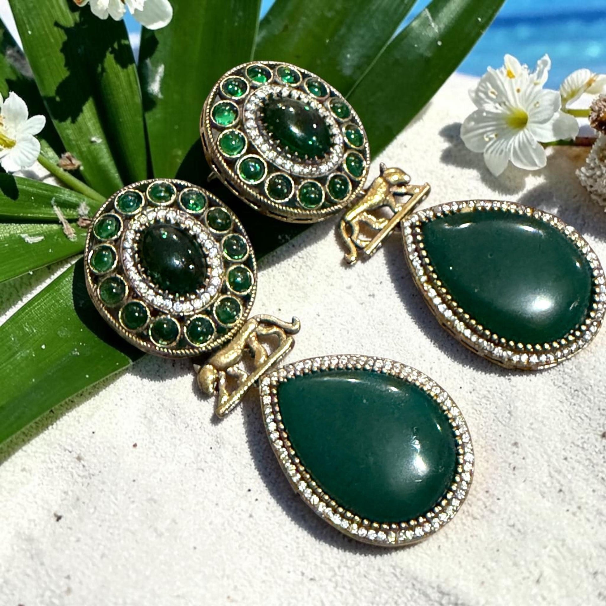 Designer Emerald Green Drop Earrings with Gold Plated Finish, Vintage Style Statement Earrings