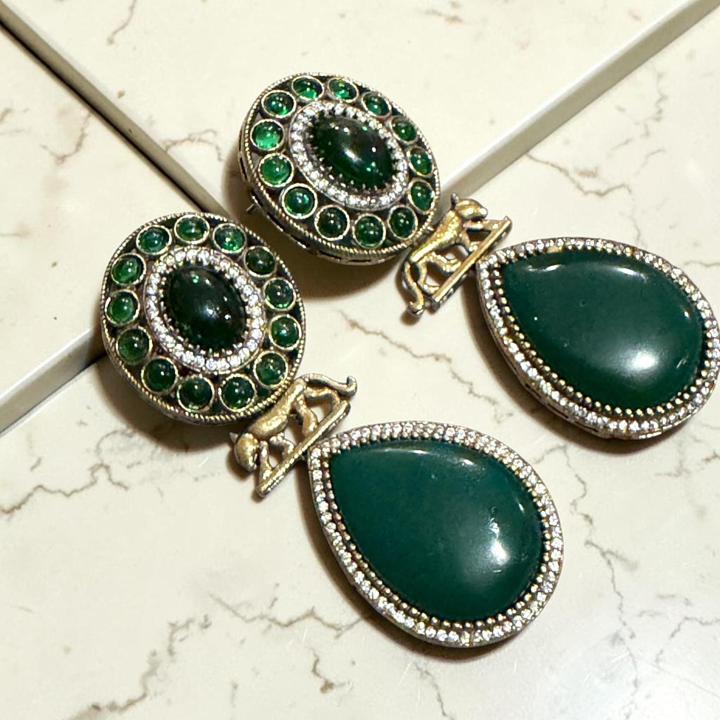 Designer Emerald Green Drop Earrings with Gold Plated Finish, Vintage Style Statement Earrings