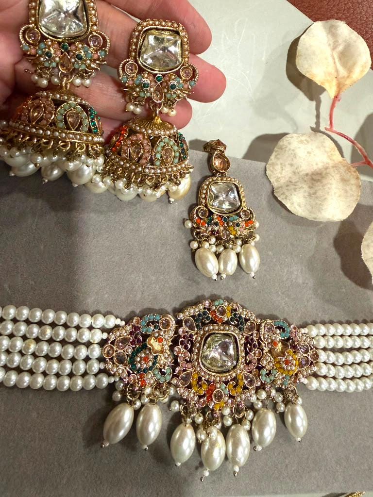 Gold Plated Choker/ Necklace Set with Monzonite Stones, Multi Strand Pearl Necklace and Earrings