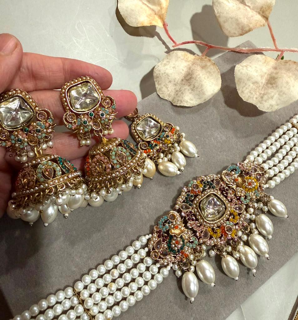 Gold Plated Choker/ Necklace Set with Monzonite Stones, Multi Strand Pearl Necklace and Earrings
