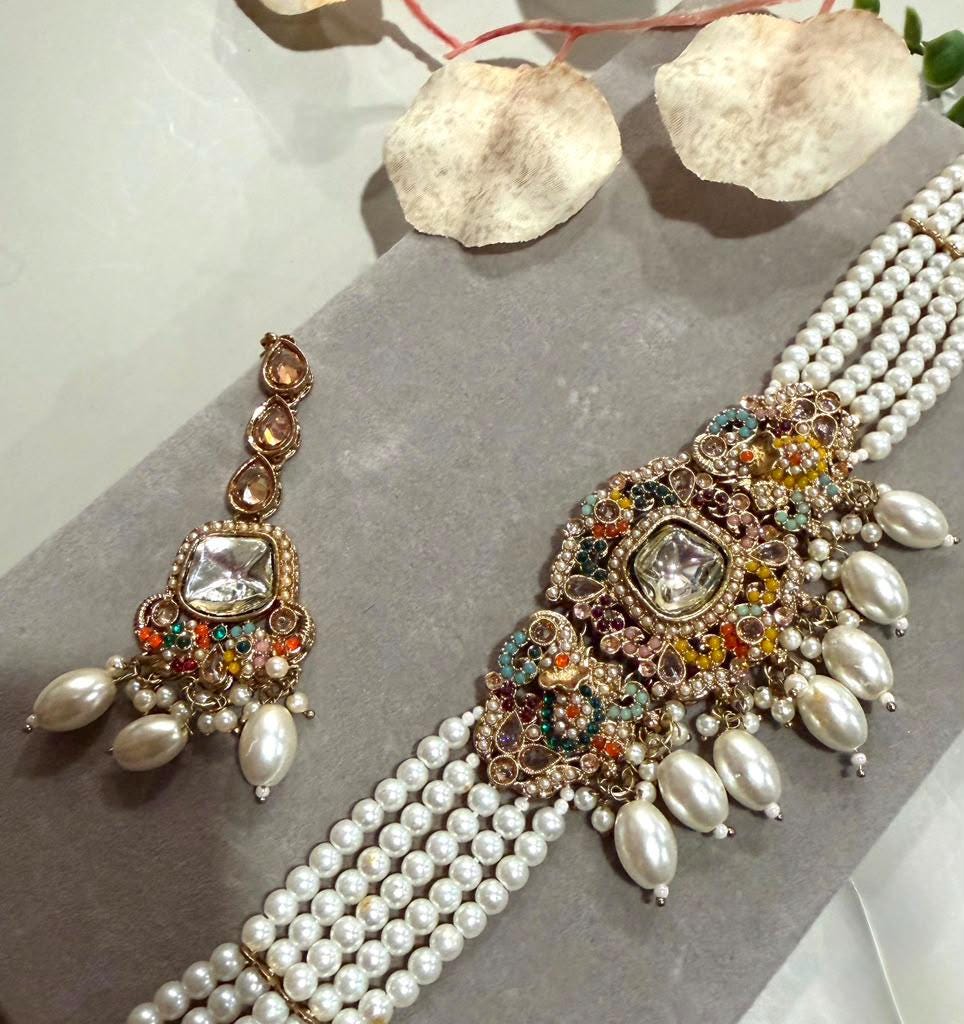 Gold Plated Choker/ Necklace Set with Monzonite Stones, Multi Strand Pearl Necklace and Earrings
