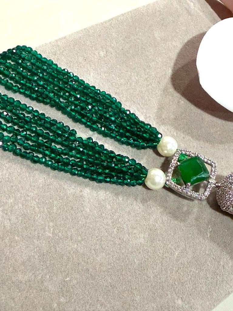 Designer Emerald Green Beaded Necklace Set with Coordinating Tassel Earrings