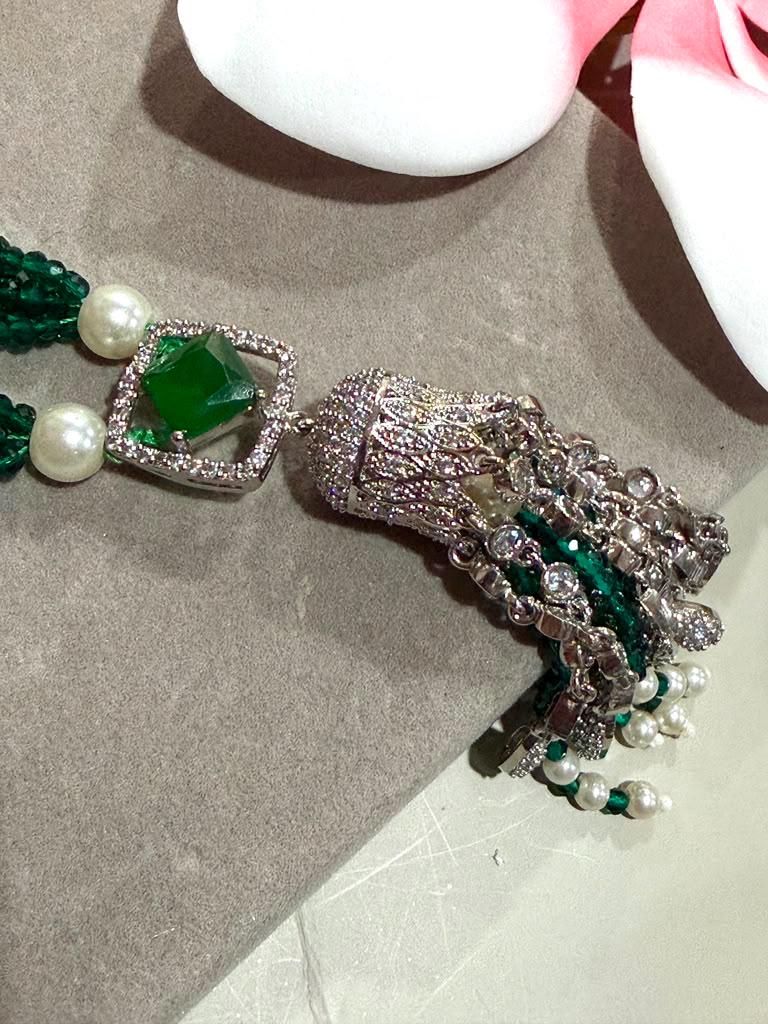 Designer Emerald Green Beaded Necklace Set with Coordinating Tassel Earrings