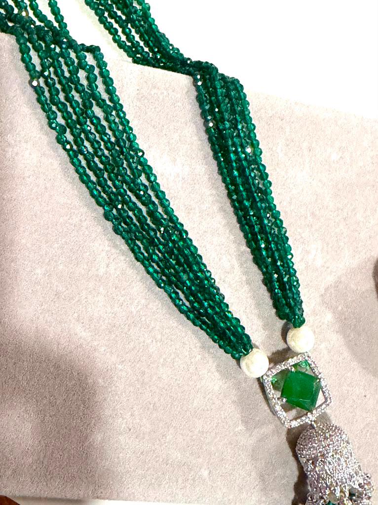 Designer Emerald Green Beaded Necklace Set with Coordinating Tassel Earrings