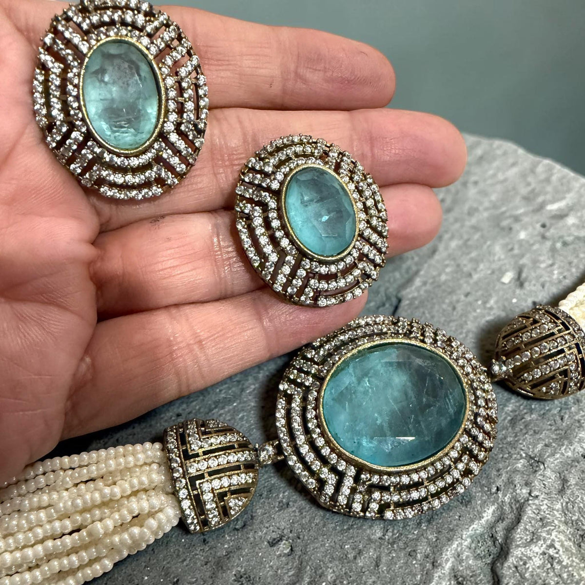 Vintage Style antique Finish Necklace Set Featuring Aqua Blue choker set with studs