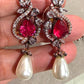 Antique Finish Necklace Set with Ruby Pink Pendant and Pearl Earrings