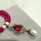 Antique Finish Necklace Set with Ruby Pink Pendant and Pearl Earrings