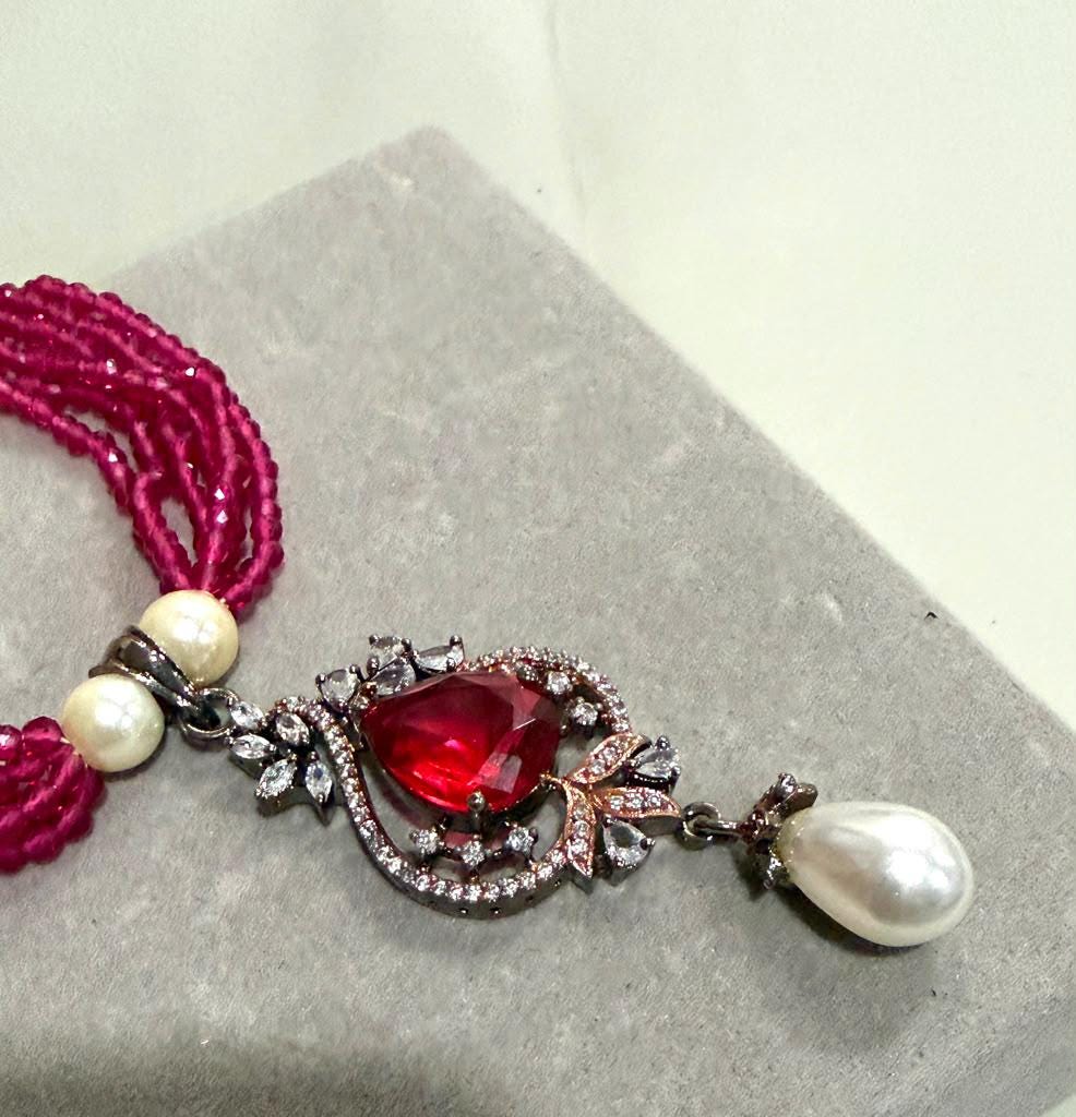 Antique Finish Necklace Set with Ruby Pink Pendant and Pearl Earrings