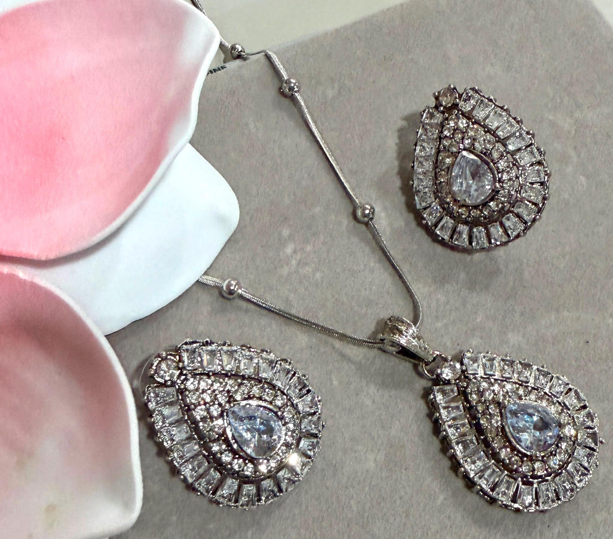 Rhodium Finish Teardrop Pendant Necklace Set with CZ Stones and Matching Statement Stud Earrings