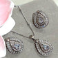Rhodium Finish Teardrop Pendant Necklace Set with CZ Stones and Matching Statement Stud Earrings