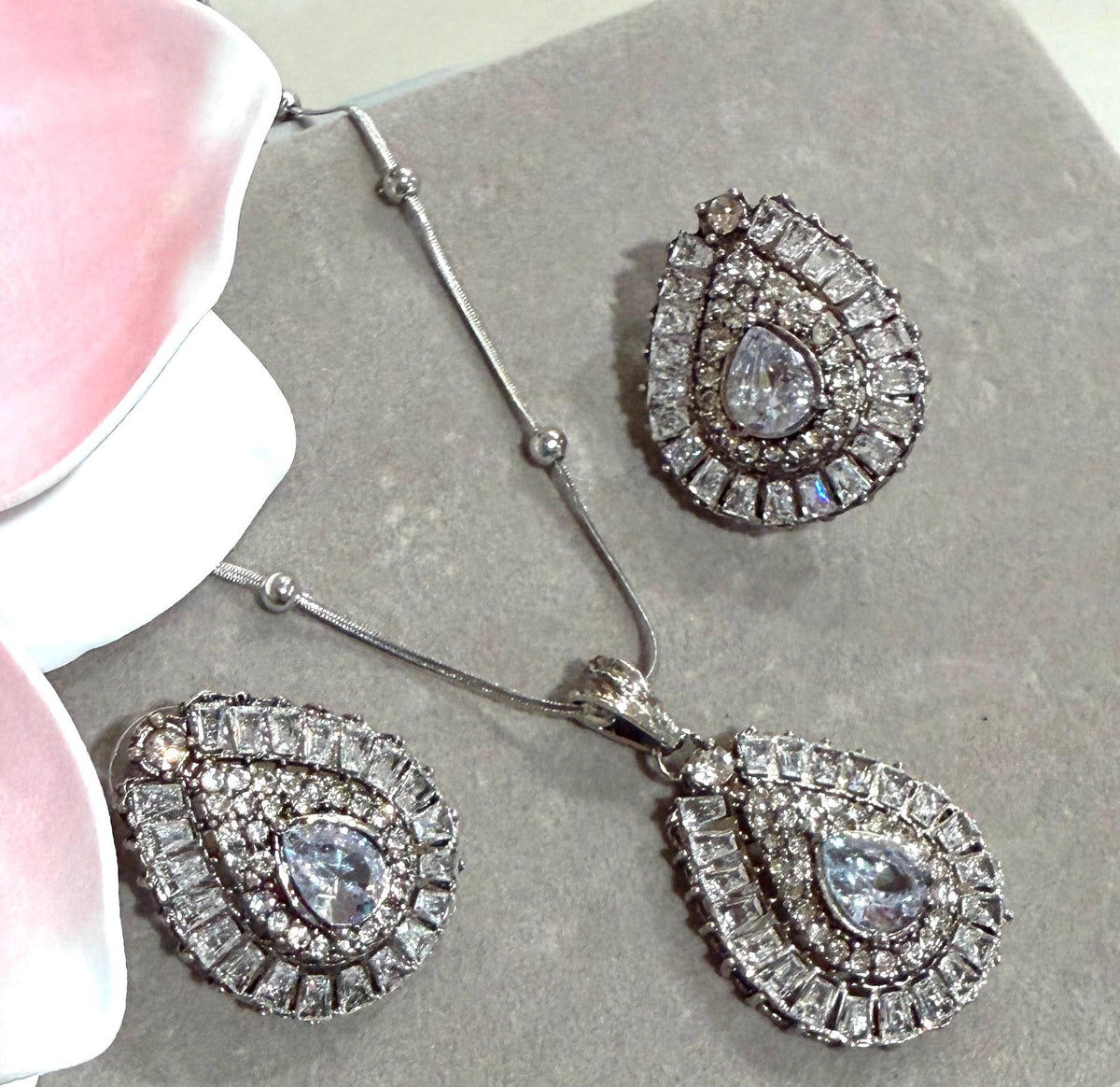 Rhodium Finish Teardrop Pendant Necklace Set with CZ Stones and Matching Statement Stud Earrings
