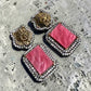 Rhodium Finish Earrings with Blush Pink Geometric Panels, CZ Border and Lion Stud Design