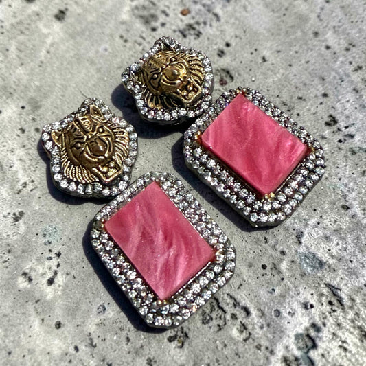 Rhodium Finish Earrings with Blush Pink Geometric Panels, CZ Border and Lion Stud Design