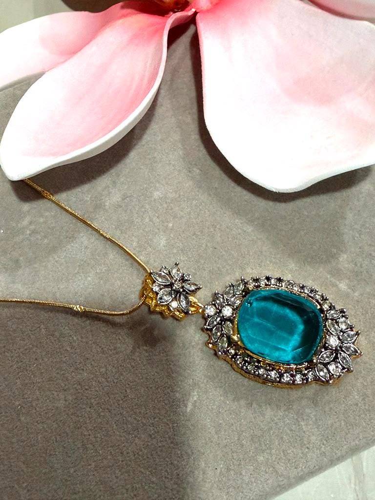 Gold Plated Statement Necklace with Aqua Blue Oval Pendant, CZ Detailing