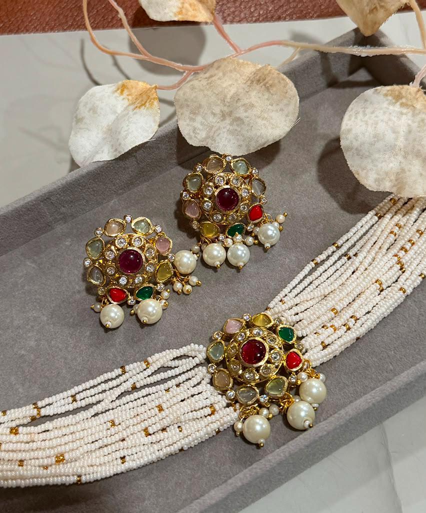 Layered White Beaded Choker/ Necklace with Gold Plated Multicolor Pendant And Pearl Drops Earrings
