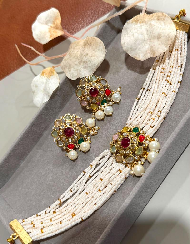 Layered White Beaded Choker/ Necklace with Gold Plated Multicolor Pendant And Pearl Drops Earrings