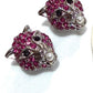 Designer Panther Head Earrings with Ruby Pink CZ Stones, Rhodium Finish Animal Inspired Stud
