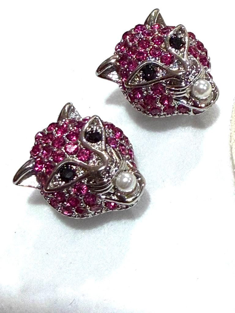 Designer Panther Head Earrings with Ruby Pink CZ Stones, Rhodium Finish Animal Inspired Stud