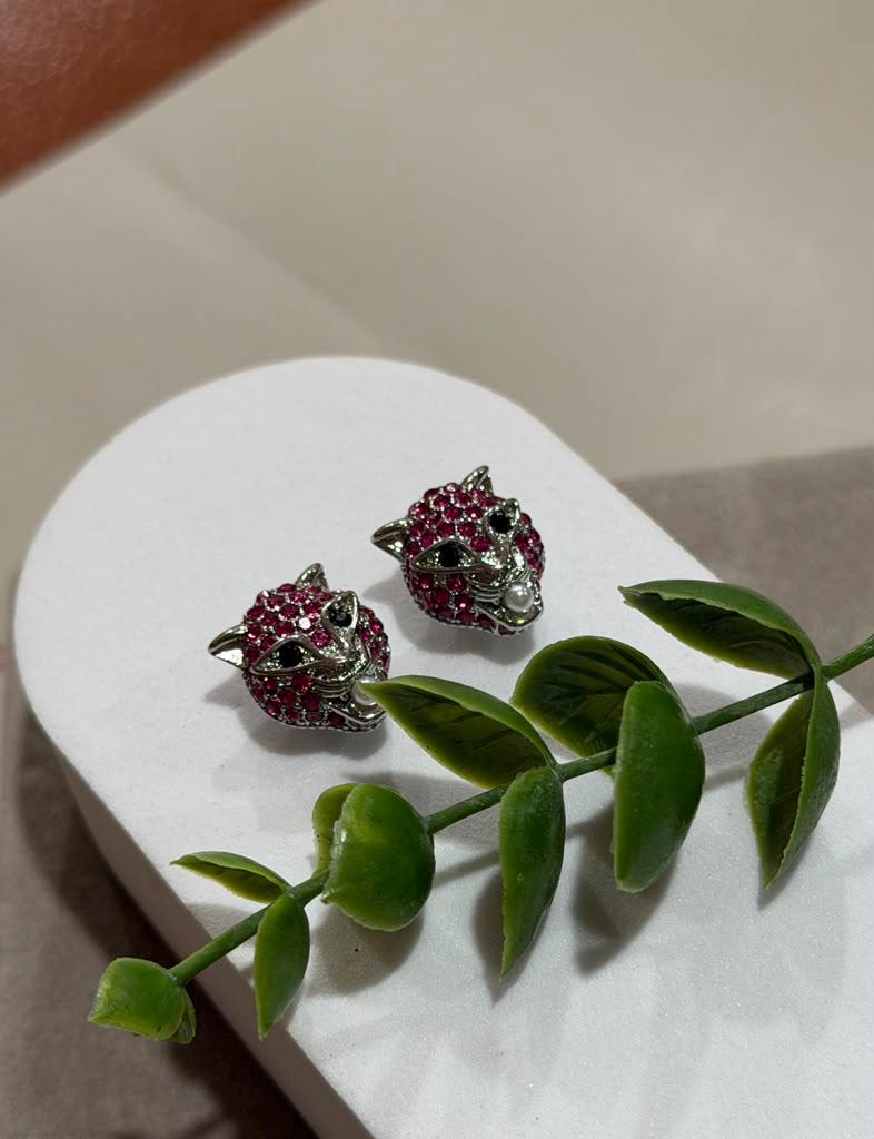 Designer Panther Head Earrings with Ruby Pink CZ Stones, Rhodium Finish Animal Inspired Stud