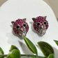 Designer Panther Head Earrings with Ruby Pink CZ Stones, Rhodium Finish Animal Inspired Stud