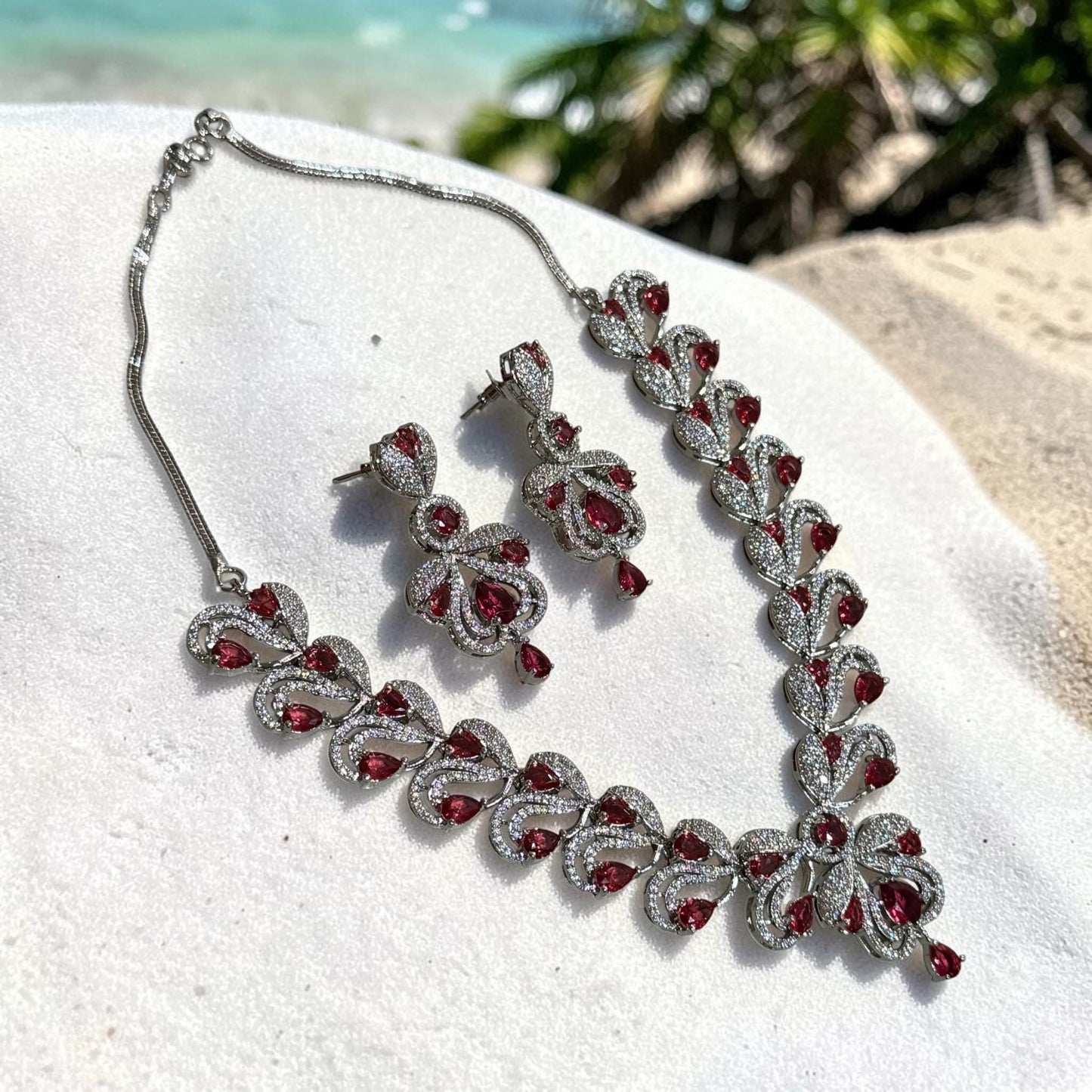 Designer Ruby Pink Necklace Set Featuring Floral Inspired CZ Pattern, Matching Earrings
