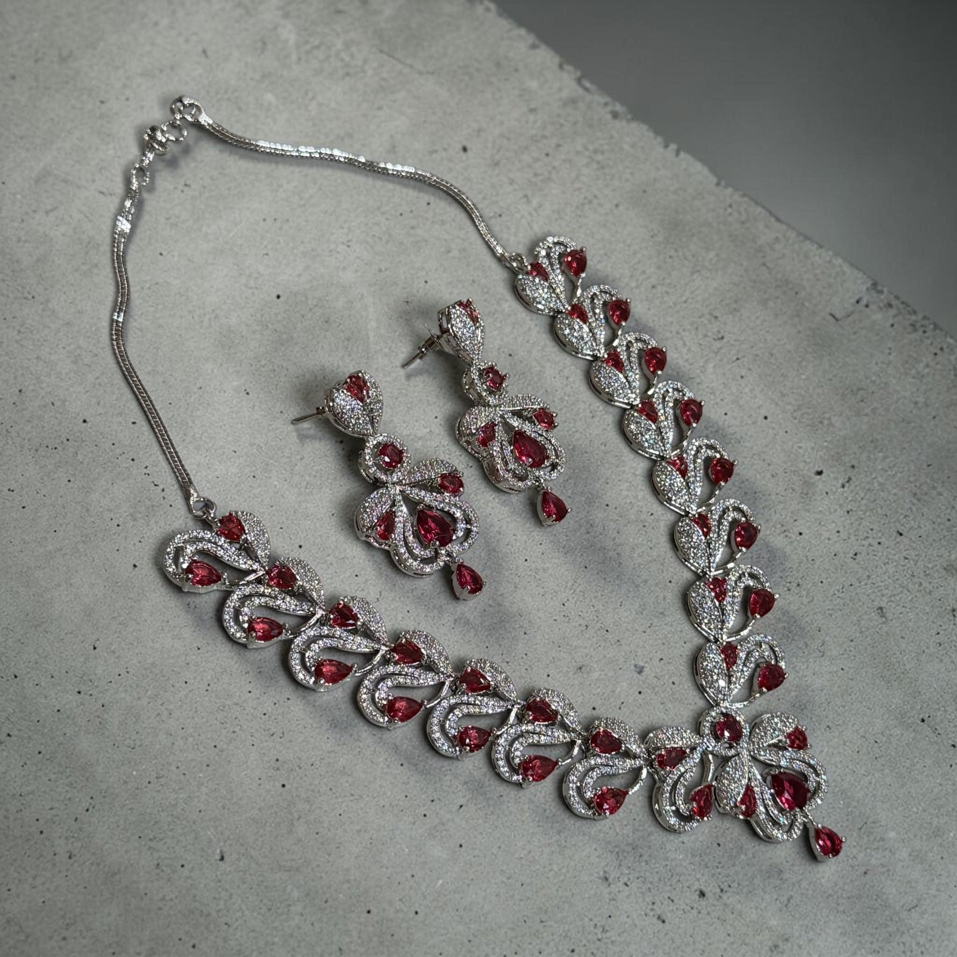 Designer Ruby Pink Necklace Set Featuring Floral Inspired CZ Pattern, Matching Earrings