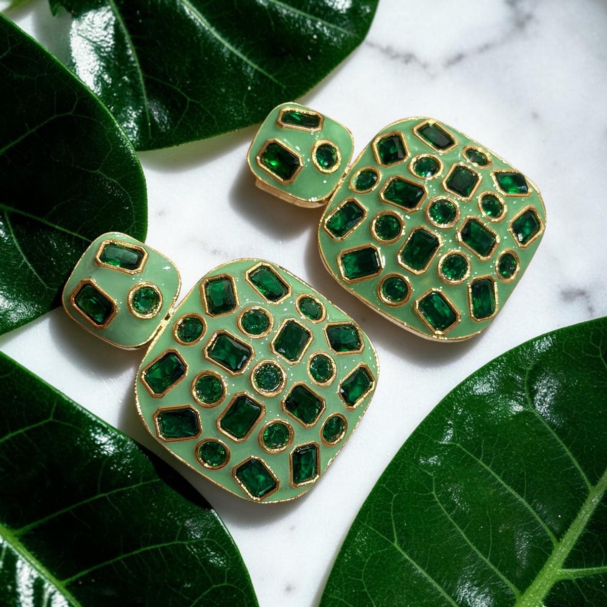 Modern Mint Drop Earrings with Emerald Green Accents, Gold Tone Finish Fashion Earrings,