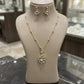 Designer Gold Finish Pendant Necklace Set Featuring Monzonite Stones, Elegant Floral Inspired Jewelry