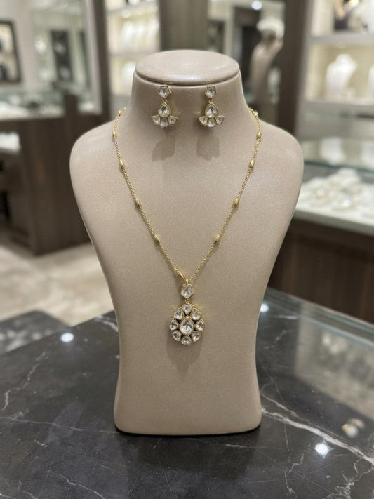 Designer Gold Finish Pendant Necklace Set Featuring Monzonite Stones, Elegant Floral Inspired Jewelry
