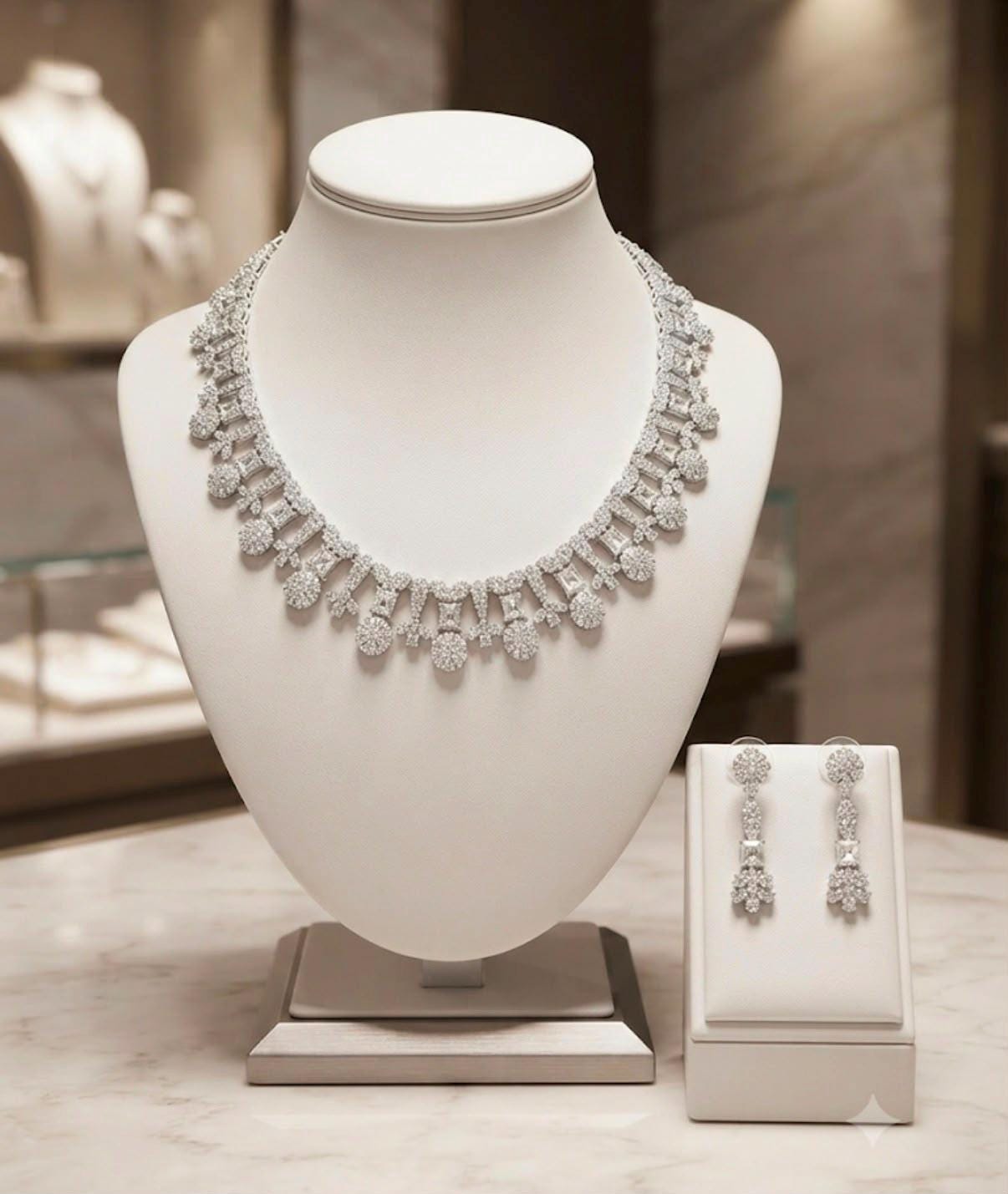 Elegant Rhodium Finish Necklace and Earring Set with Sparkling CZ Stones, Timeless Statement Jewelry