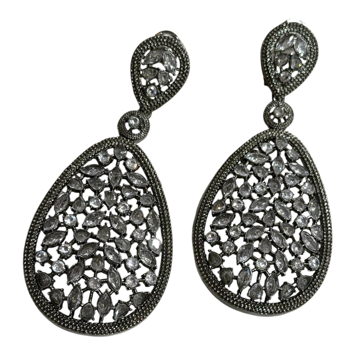 Elegant Black Finish Drop statement Earrings, Oversized Teardrop Filigree Earrings for Party and Evening Wear