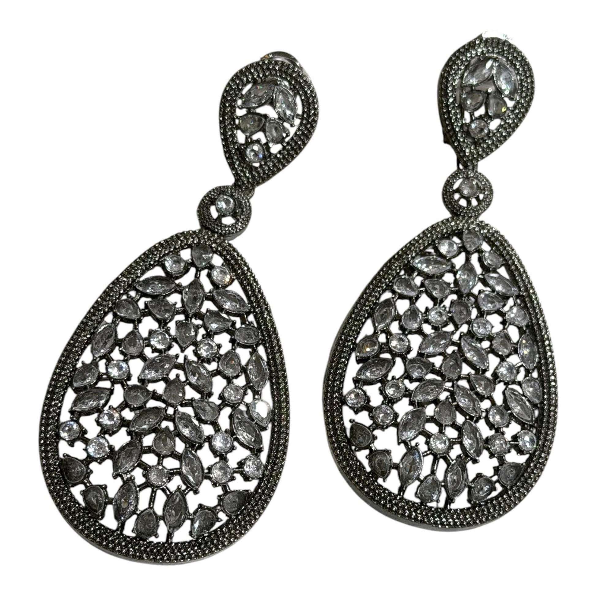 Elegant Black Finish Drop statement Earrings, Oversized Teardrop Filigree Earrings for Party and Evening Wear