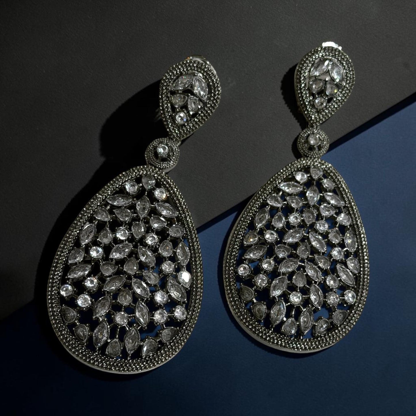 Elegant Black Finish Drop statement Earrings, Oversized Teardrop Filigree Earrings for Party and Evening Wear