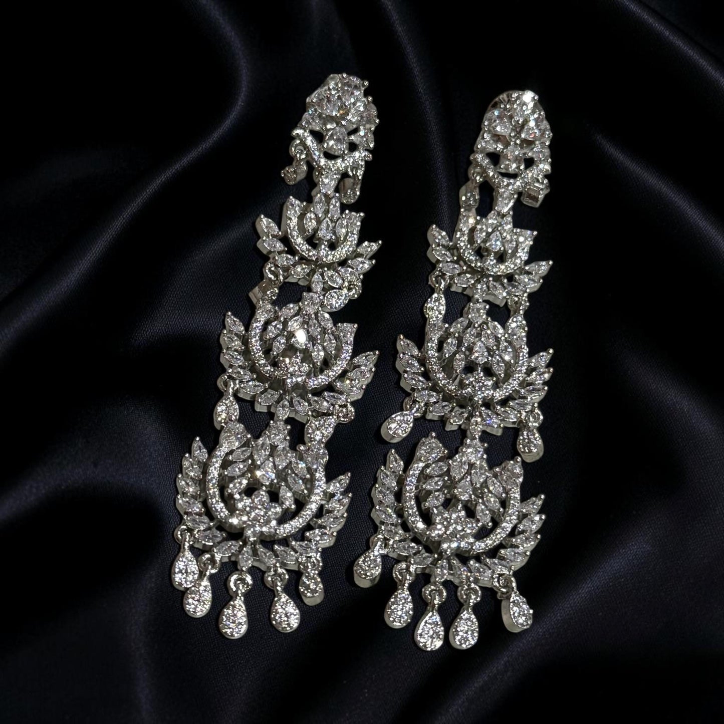 Ornate Black Finish Statement Earrings, Dramatic Chandelier Drop Earrings with Intricate Floral Motif