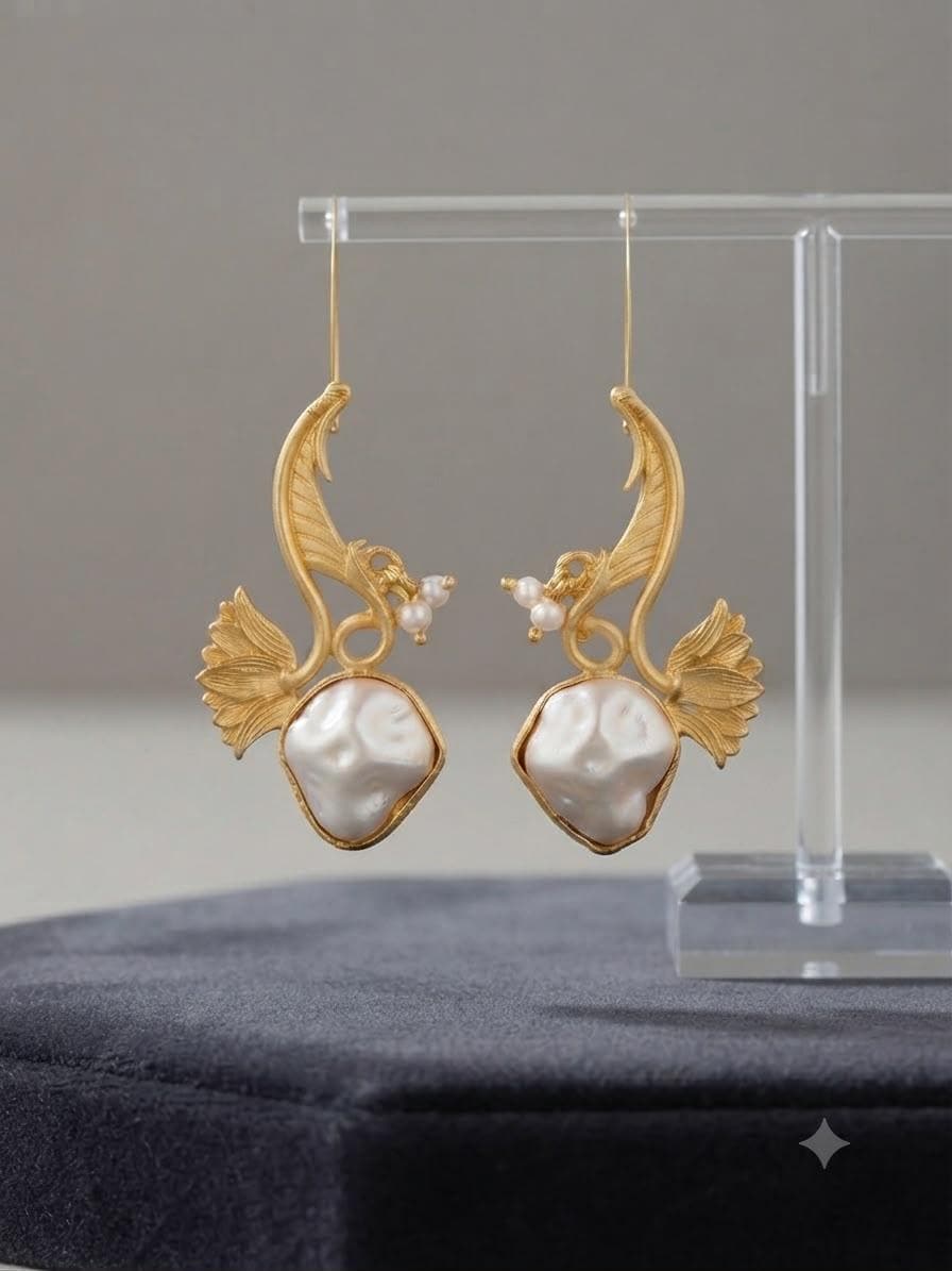 Gold Tone Finish Botanical Earrings with barouk pearl Sculptural Leaf Design and Modern Style