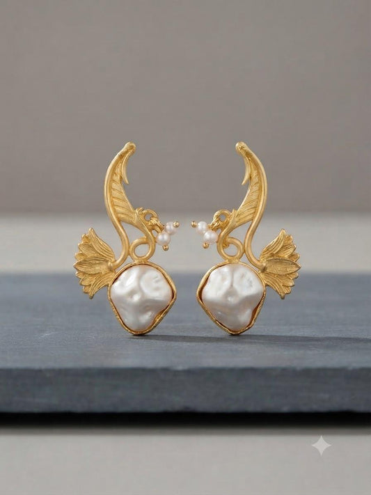 Gold Tone Finish Botanical Earrings with barouk pearl Sculptural Leaf Design and Modern Style