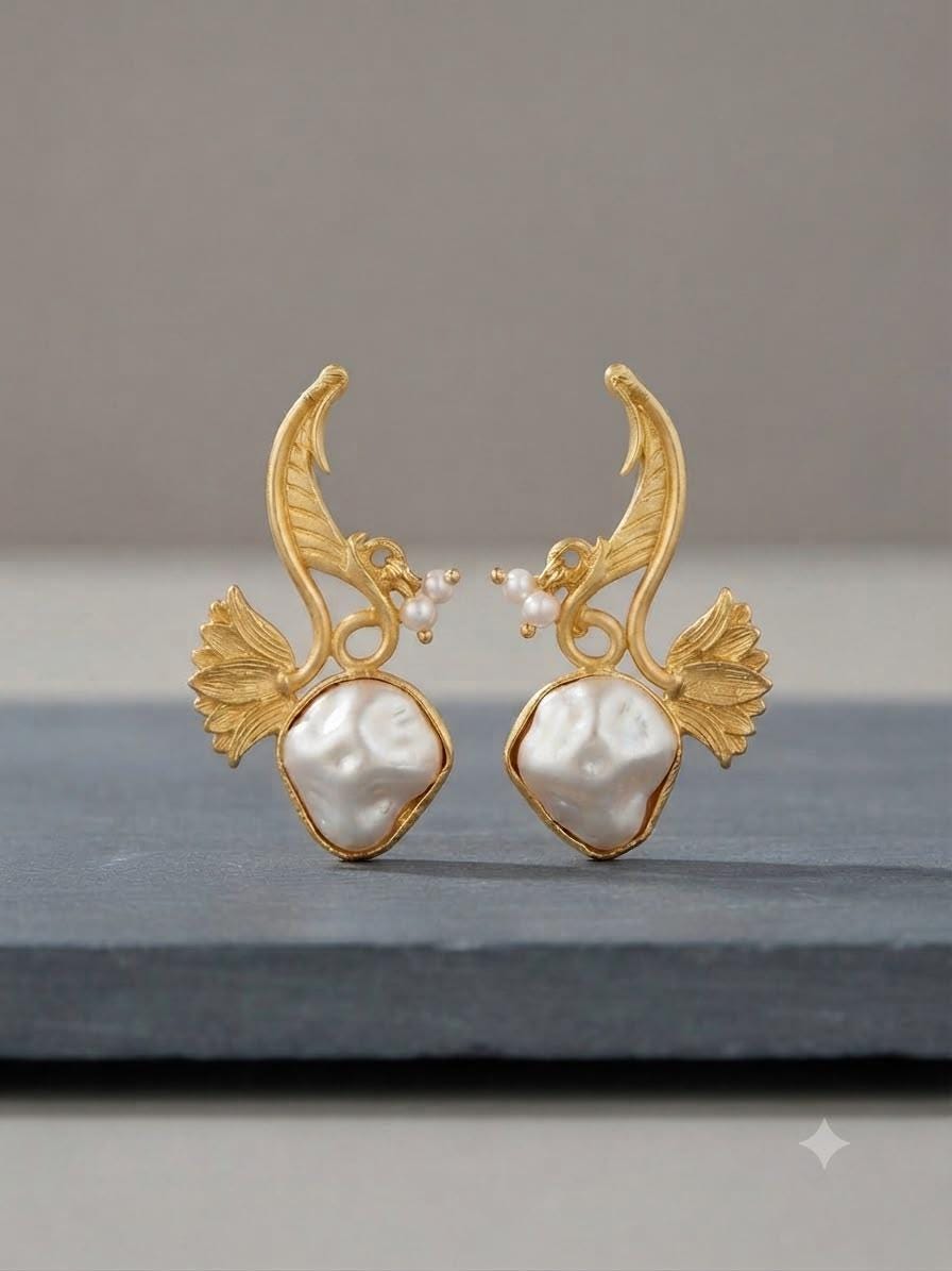 Gold Tone Finish Botanical Earrings with barouk pearl Sculptural Leaf Design and Modern Style