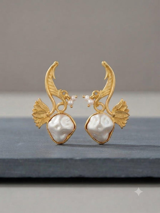 Gold Tone Finish Botanical Earrings with barouk pearl Sculptural Leaf Design and Modern Style