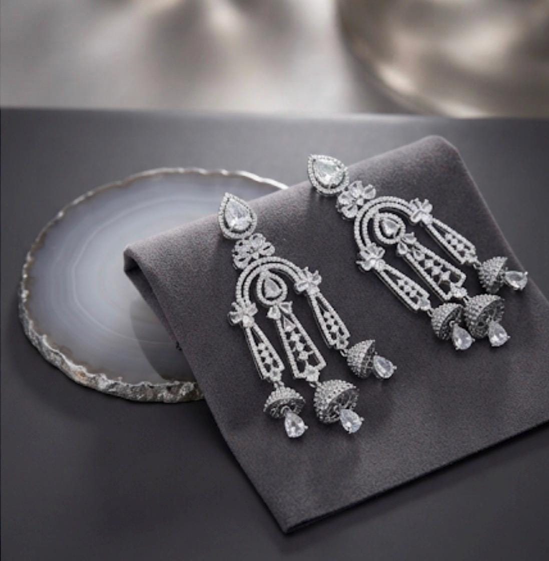 Statement Jhumka Dangle Earrings with Rhodium Finish , Classic Jewelry for Women