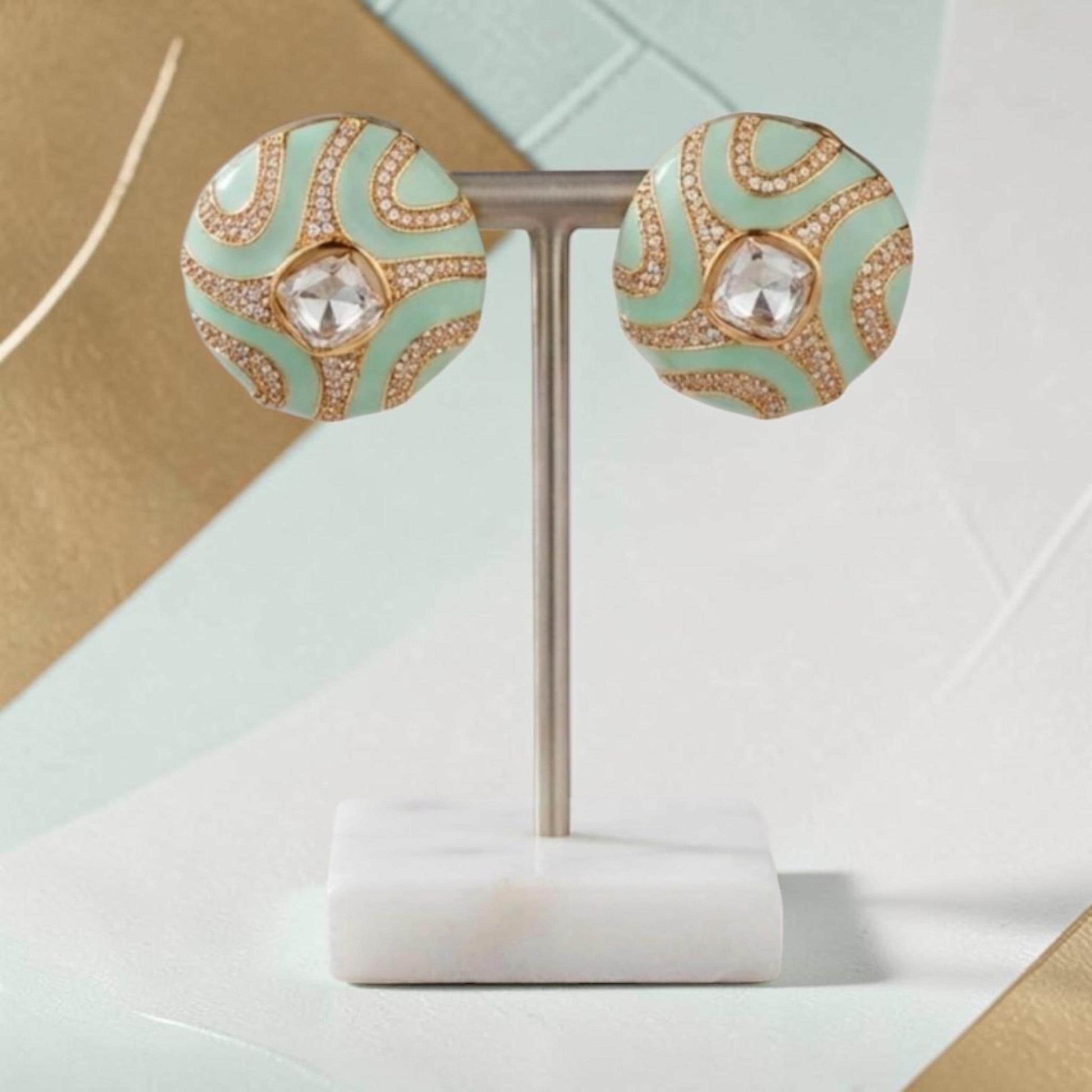 Modern Mint Enamel Gold Plated Disc Earrings, Chic Geometric Stud Earrings for Everyday Style