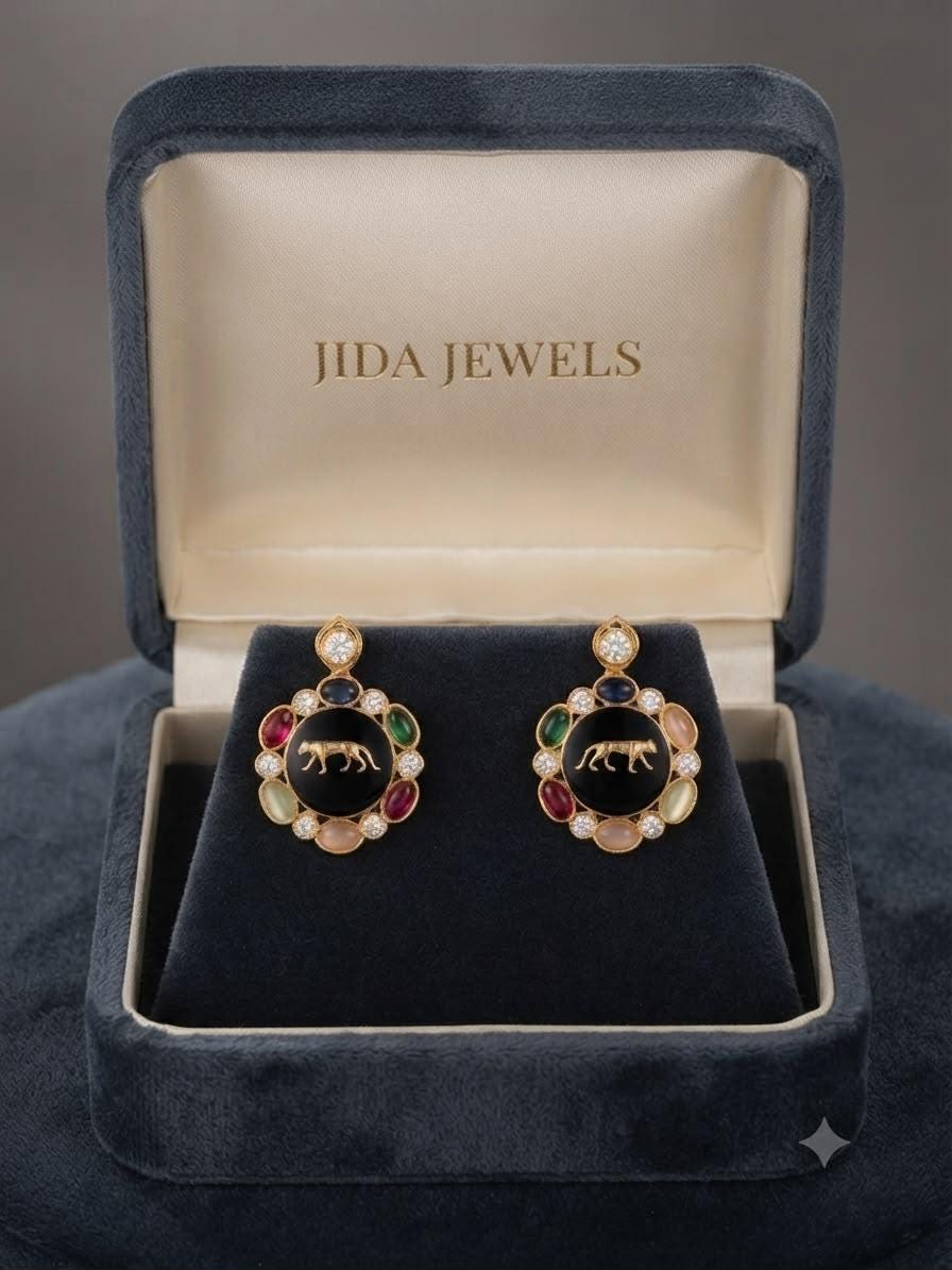 Gold finish Medallion Earrings, Elegant Panther Stud Earrings with Colorful Gem Inspired Details