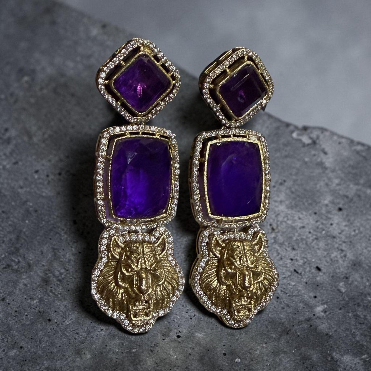 Gold Plated Tiger Head Drop Earrings, Designer Animal Motif Jewelry for Women
