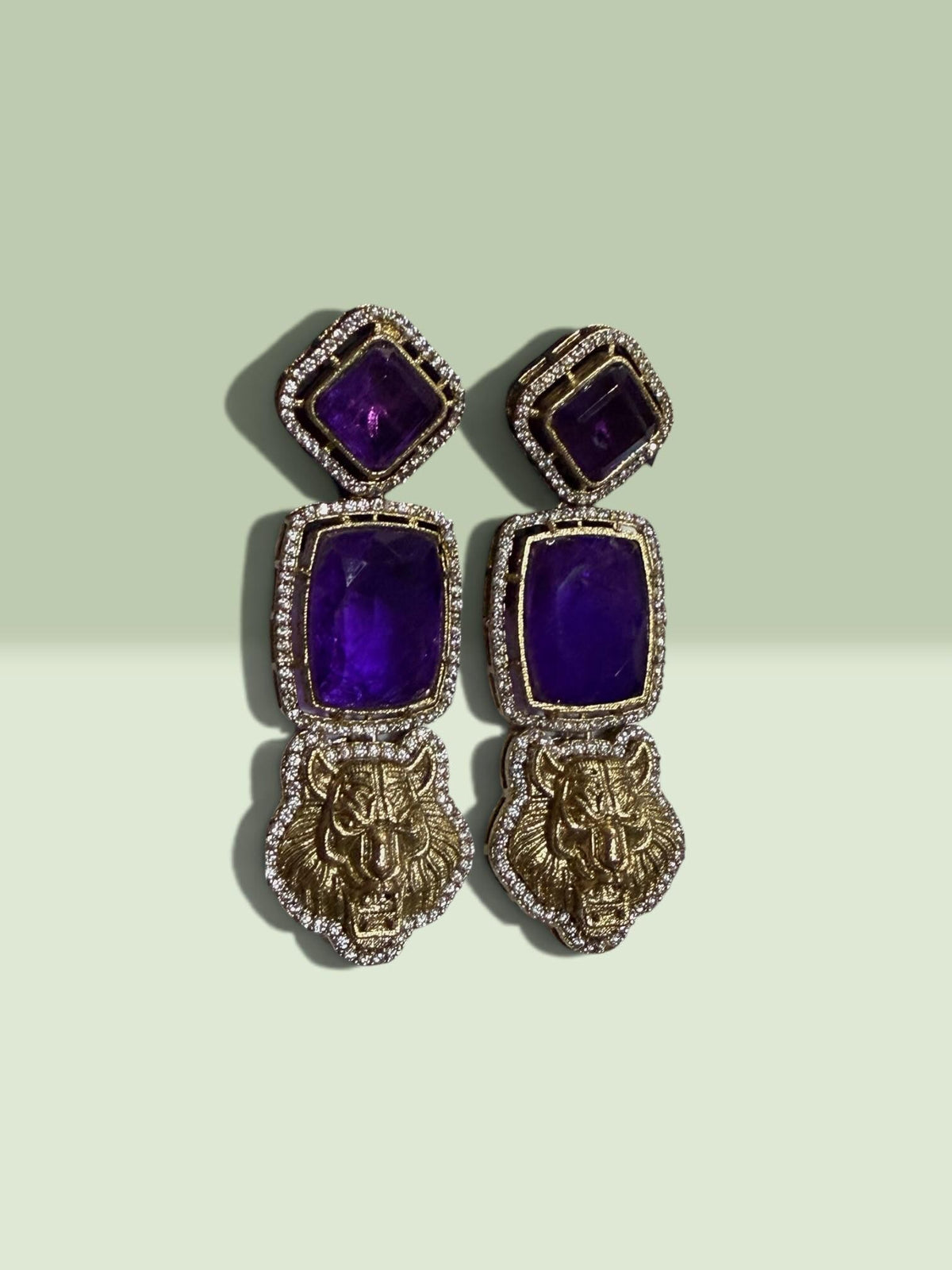 Gold Plated Tiger Head Drop Earrings, Designer Animal Motif Jewelry for Women