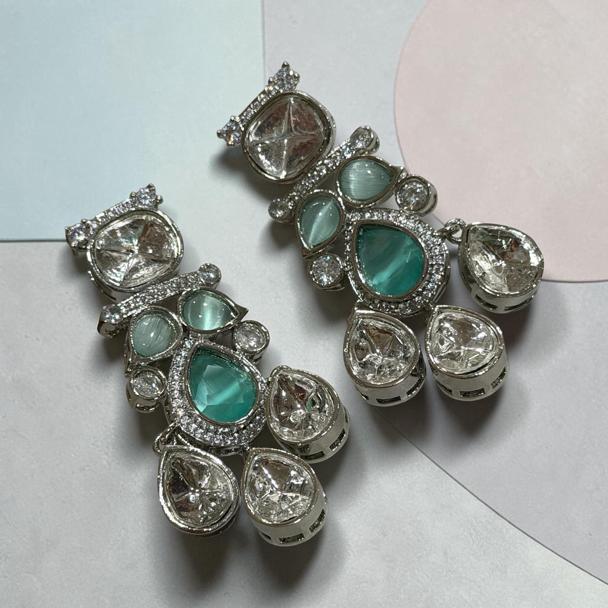 Art Deco Inspired Mint Green Rhodium Finish Earrings with Elegant Statement Drop Design