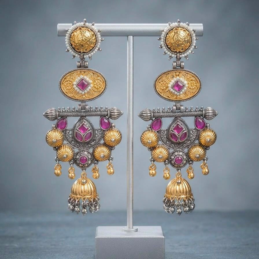 Designer Temple Style Jhumka Earrings with Ruby Pink Details For Women