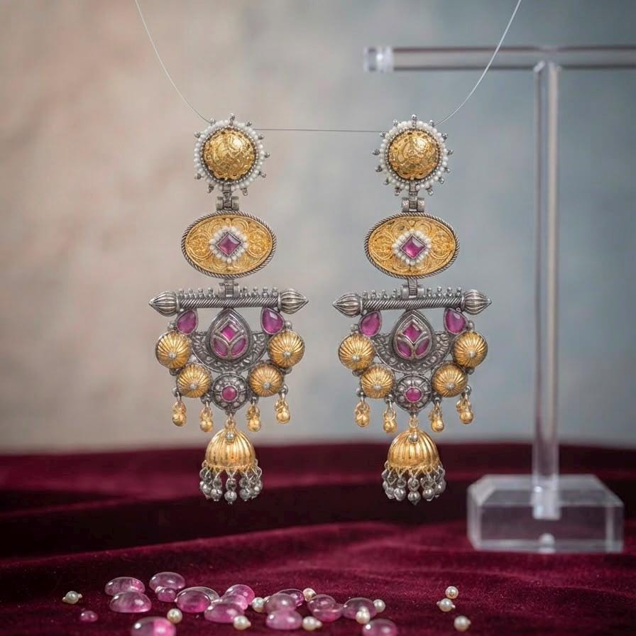 Designer Temple Style Jhumka Earrings with Ruby Pink Details For Women