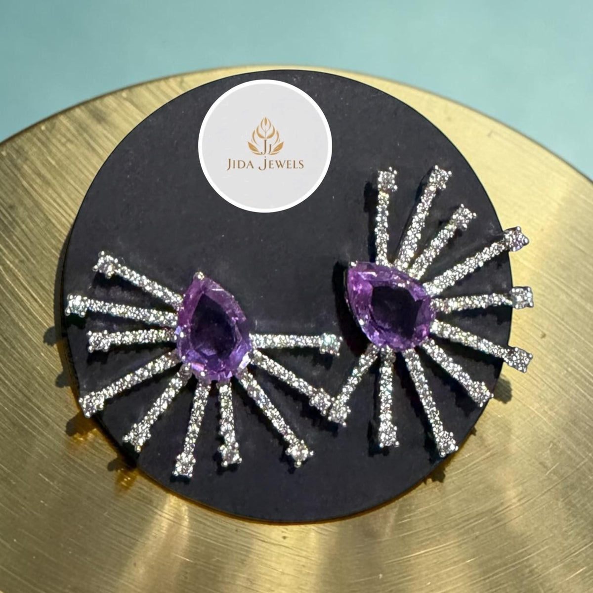 Designer Purple Fan Earrings with Radiating Detail For Women