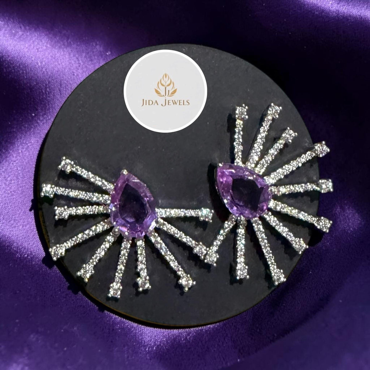 Designer Purple Fan Earrings with Radiating Detail For Women