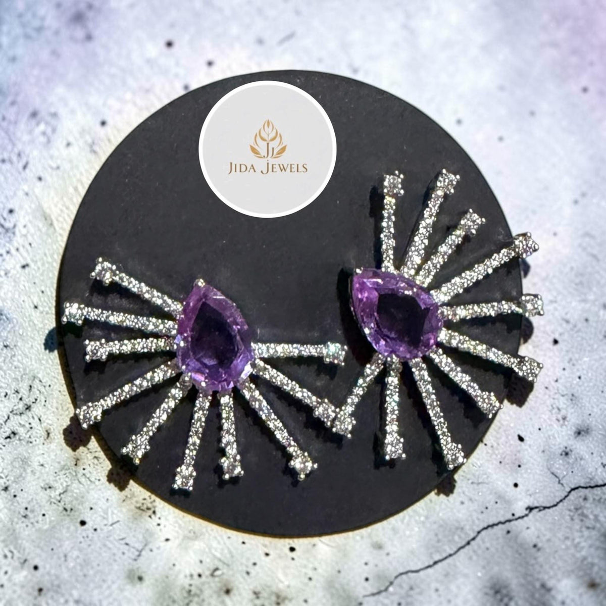 Designer Purple Fan Earrings with Radiating Detail For Women